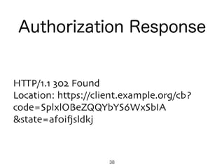 38
HTTP/1.1 302 Found
Location: https://client.example.org/cb?
code=SplxlOBeZQQYbYS6WxSbIA
&state=af0ifjsldkj
Authorization Response
 