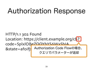 39
HTTP/1.1 302 Found
Location: https://client.example.org/cb?
code=SplxlOBeZQQYbYS6WxSbIA
&state=af0ifjsldkj
Authorization Response
Authorization Code Flowの場合、
クエリでパラメーターが返却
 