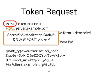 46
POST /token HTTP/1.1
Host: server.example.com
Content-Type: application/x-www-form-urlencoded
Authorization: Basic
czZCaGRSa3F0MzpnWDFmQmF0M2JW
grant_type=authorization_code 
&code=SplxlOBeZQQYbYS6WxSbIA
&redirect_uri=https%3A%2F
%2Fclient.example.org%2Fcb
Token Request
SecretやAuthorization Codeを 
扱うので POST メソッド
 