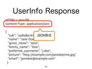 HTTP/1.1 200 OK
Content-Type: application/json
{
"sub": "248289761001",
"name": "Jane Doe",
"given_name": "Jane",
"family_name": "Doe",
"preferred_username": "j.doe",
"picture": “http://example.com/janedoe/me.jpg”,
"email": "janedoe@example.com"
}
UserInfo Response
JSON形式
60
 