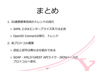 まとめ
1. ID連携標準技術のトレンドの流流れ  
SAML  2.0はエンタープライズ系では主流流  
OpenID  Connectは現⾏行行、トレンド  
2. 各プロトコル概要  
認証と認可は異異なる仕組みである  
SOAP・XMLからREST  APIライク・JSONベースの 
プロトコルへ変化
67
 