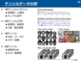28
テンソルデータの例
Time series signal
Multiple channels of time series signal
1階テンソル(ベクトル)
筋電図、心電図
モノラル音声
2階テンソル(行列)
脳電図、脳磁図
X線、濃淡画像
3階テンソル
MRI、CT、PET
カラー画像
4階テンソル
機能的MRI
カラー動画像
Gray-scale image Color image
・・・
MRI，Functional MRI
時間軸
 
