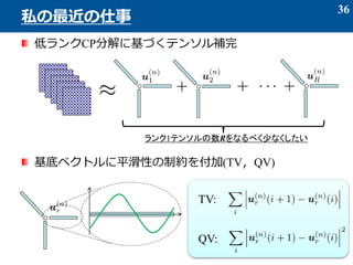 低ランクCP分解に基づくテンソル補完
基底ベクトルに平滑性の制約を付加(TV，QV)
36
私の最近の仕事
ランク1テンソルの数Rをなるべく少なくしたい
TV:
QV:
 