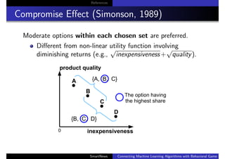 References
Compromise Eﬀect (Simonson, 1989)
Moderate options within each chosen set are preferred.
Diﬀerent from non-linear utility function involving
diminishing returns (e.g.,
√
inexpensiveness+
√
quality).
SmartNews Connecting Machine Learning Algorithms with Behavioral Game Theo
 