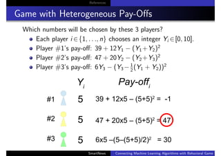 References
Game with Heterogeneous Pay-Oﬀs
Which numbers will be chosen by these 3 players?
Each player i ∈{1, . . ., n} chooses an integer Yi ∈[0, 10].
Player #1’s pay-oﬀ: 39 + 12Y1 − (Y1+Y2)2
Player #2’s pay-oﬀ: 47 + 20Y2 − (Y2+Y3)2
Player #3’s pay-oﬀ: 6Y3 − (Y3− 1
2
(Y1 + Y2))2
SmartNews Connecting Machine Learning Algorithms with Behavioral Game Theo
 