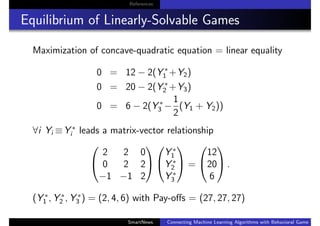References
Equilibrium of Linearly-Solvable Games
Maximization of concave-quadratic equation = linear equality
0 = 12 − 2(Y ∗
1 +Y2)
0 = 20 − 2(Y ∗
2 +Y3)
0 = 6 − 2(Y ∗
3 −
1
2
(Y1 + Y2))
∀i Yi ≡Y ∗
i leads a matrix-vector relationship


2 2 0
0 2 2
−1 −1 2




Y ∗
1
Y ∗
2
Y ∗
3

 =


12
20
6

 .
(Y ∗
1 , Y ∗
2 , Y ∗
3 ) = (2, 4, 6) with Pay-oﬀs = (27, 27, 27)
SmartNews Connecting Machine Learning Algorithms with Behavioral Game Theo
 