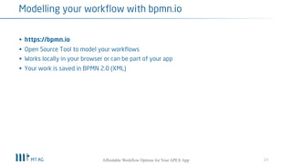 Affordable Workflow Options for Your APEX App 19
bpmn.io: Live Demo
 