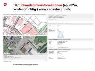Bundesamt für Landestopografie swisstopo
Bsp: Grundstücksinformationen (api m2m,
kostenpflichtig ) www.cadastre.ch/info
