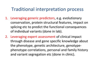Traditional interpretation process
1. Leveraging generic predictors, e.g. evolutionary
conservation, protein structural features, impact on
splicing etc to predict the functional consequences
of individual variants (done in lab).
2. Leveraging expert assessment of clinical impact
through disease and gene specific knowledge about
the phenotype, genetic architecture, genotype-
phenotype correlations, personal and family history
and variant segregation etc (done in clinic).
 