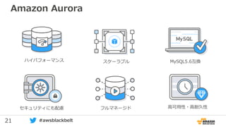 21 #awsblackbelt
Amazon Aurora
ハイパフォーマンス
フルマネージド 高可用性・高耐久性セキュリティにも配慮
MySQL5.6互換スケーラブル
 