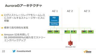 22 #awsblackbelt
Auroraのアーキテクチャ
ログとストレージレイヤをシームレス
にスケールするストレージサービスに
移動
標準で高可用性を実現
Amazon S3を利用して
99.999999999%の耐久性でストリー
ミングバックアップ
SQL
Transactions
AZ 1 AZ 2 AZ 3
Caching
Amazon S3
 