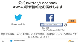 62 #awsblackbelt
公式Twitter/Facebook
AWSの最新情報をお届けします
@awscloud_jp
検索
最新技術情報、イベント情報、お役立ち情報、お得なキャンペーン情報などを
日々更新しています！
もしくは
http://on.fb.me/1vR8yWm
 