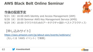 63 #awsblackbelt
AWS Black Belt Online Seminar
今後の配信予定
9/21（水）18:00 AWS Identity and Access Management (IAM)
9/28（水）18:00 Seminar AWS Key Management Service (KMS)
9/29（木）18:00 クラウドのためのアーキテクチャ設計-ベストプラクティス-
【申し込みサイト】
https://aws.amazon.com/jp/about-aws/events/webinars/
(もしくは「AWS イベント」で検索)
 