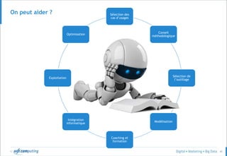 © 40
Sélection des
cas d’usages
Conseil
méthodologique
Sélection de
l’outillage
Modélisation
Coaching et
formation
Intégration
informatique
Exploitation
Optimisation
On peut aider ?
 