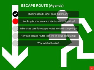 ESCAPE ROUTE (Agenda)
10
Burning cloud? What does that mean?
How long is your escape route in cloud computing?
Who takes care for escape routes in cloud computing?
How can escape routes look like in cloud computing?
Why to take the risk?
 