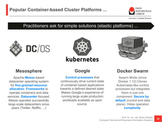 Popular Container-based Cluster Platforms ...
Prof. Dr. rer. nat. Nane Kratzke
Computer Science and Business Information Systems
24
Docker Swarm
Swarm Mode (since
Docker 1.12) Clones
Kubernetes-like control
processes but integrates
them in just one
component. Secure by
default (control and data
plane). Hides operation
complexity.
Google
Control processes that
continuously drive current state
of container based applications
towards a defined desired state.
Makes Google‘s experience of
running large scale production
workloads available as open
source.
Mesosphere
Apache Mesos based
datacenter operating system
for fine grained resource
allocation. Frameworks to
operate containers and data
services. Datacenter focused.
Mesos operates successfully
large scale datacenters since
years (Twitter, Netflix, ...)
Practitioners ask for simple solutions (elastic platforms) ...
 