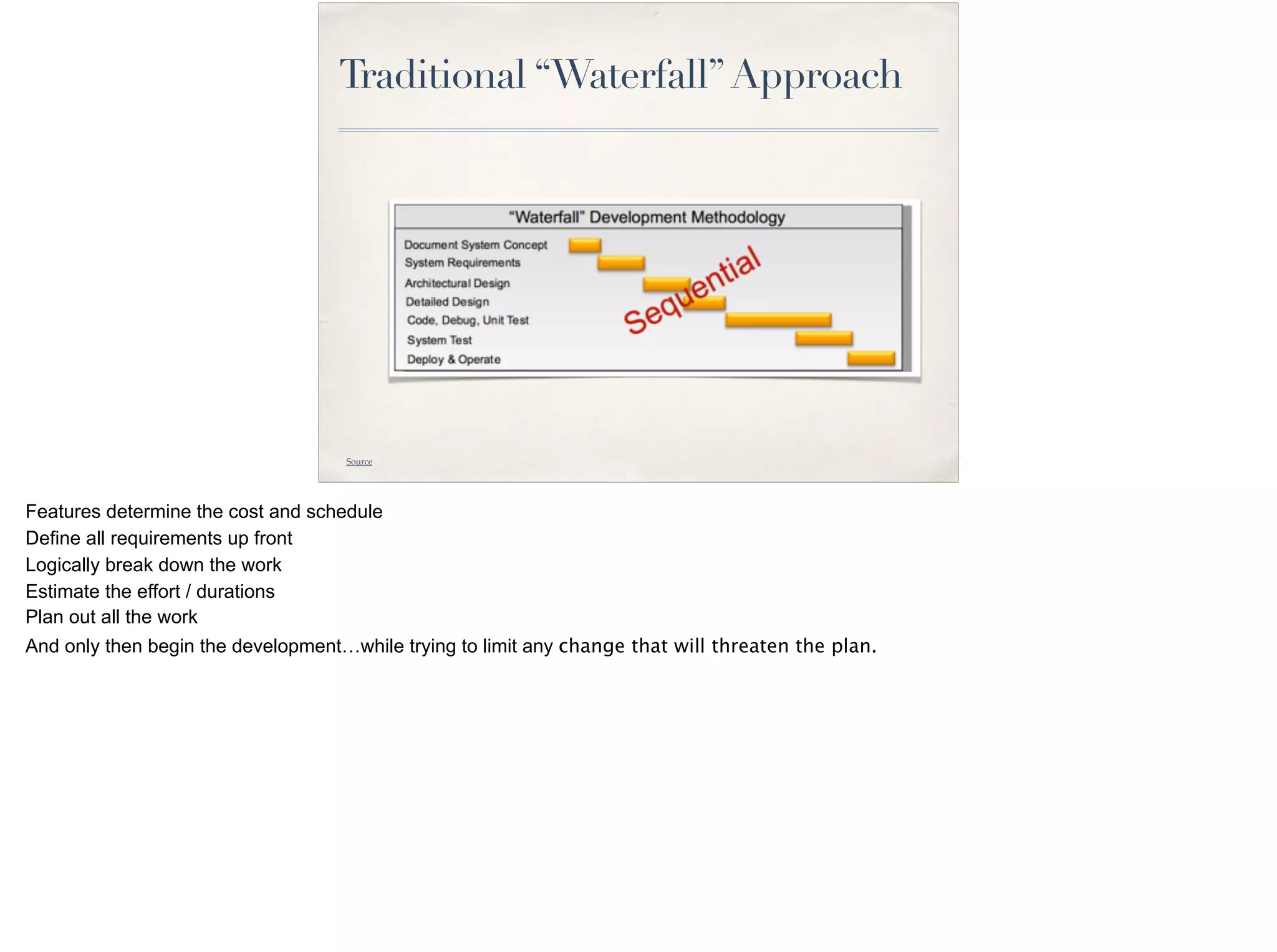 Traditional “Waterfall”Approach
Source
Features determine the cost and schedule
Define all requirements up front
Logically break down the work
Estimate the effort / durations
Plan out all the work
And only then begin the development…while trying to limit any change that will threaten the plan.
 