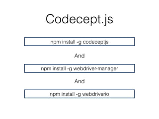Codecept.js
npm install -g codeceptjs
npm install -g webdriver-manager
And
And
npm install -g webdriverio
 
