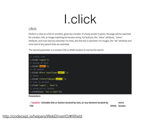 I.click
http://codecept.io/helpers/WebDriverIO/#ﬁllﬁeld
 