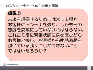(C) Copyright 1996-2016 SAKURA Internet Inc. 22
カスタマーサポートの生み出す価値
仮説②
未来を想像するためには常に市場や
お客様にアンテナを張り、しかもその
感度を鋭敏にしていなければならない。
これこそ常に緊張状態に身を置ながら
お客様と接し、お客様から叱咤激励を
頂いている我々にしかできないこと
ではないだろうか？
 