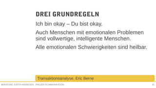 PROJEKTKOMMUNIKATIONBERATUNG JUDITH ANDRESEN 15
DREI GRUNDREGELN
Ich bin okay – Du bist okay.
Auch Menschen mit emotionalen Problemen
sind vollwertige, intelligente Menschen.
Alle emotionalen Schwierigkeiten sind heilbar.
Transaktionsanalyse, Eric Berne
 