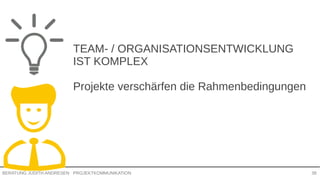 PROJEKTKOMMUNIKATIONBERATUNG JUDITH ANDRESEN 38
TEAM- / ORGANISATIONSENTWICKLUNG
IST KOMPLEX
Projekte verschärfen die
Rahmenbedingungen
 