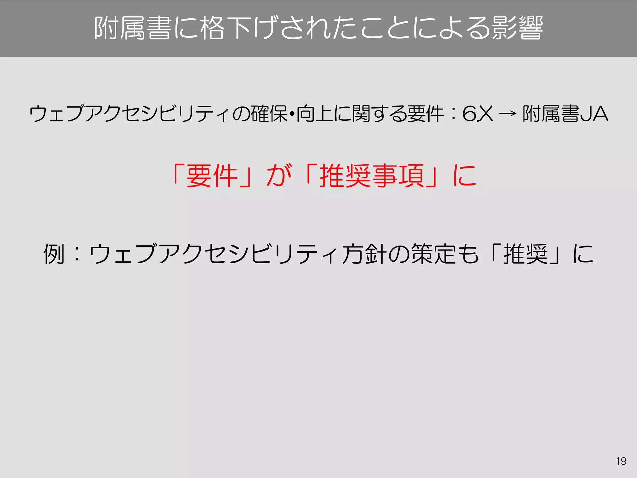 19
ウェブアクセシビリティの確保・向上に関する要件：6.X → 附属書JA
「要件」が「推奨事項」に
例：ウェブアクセシビリティ方針の策定も「推奨」に
附属書に格下げされたことによる影響
 