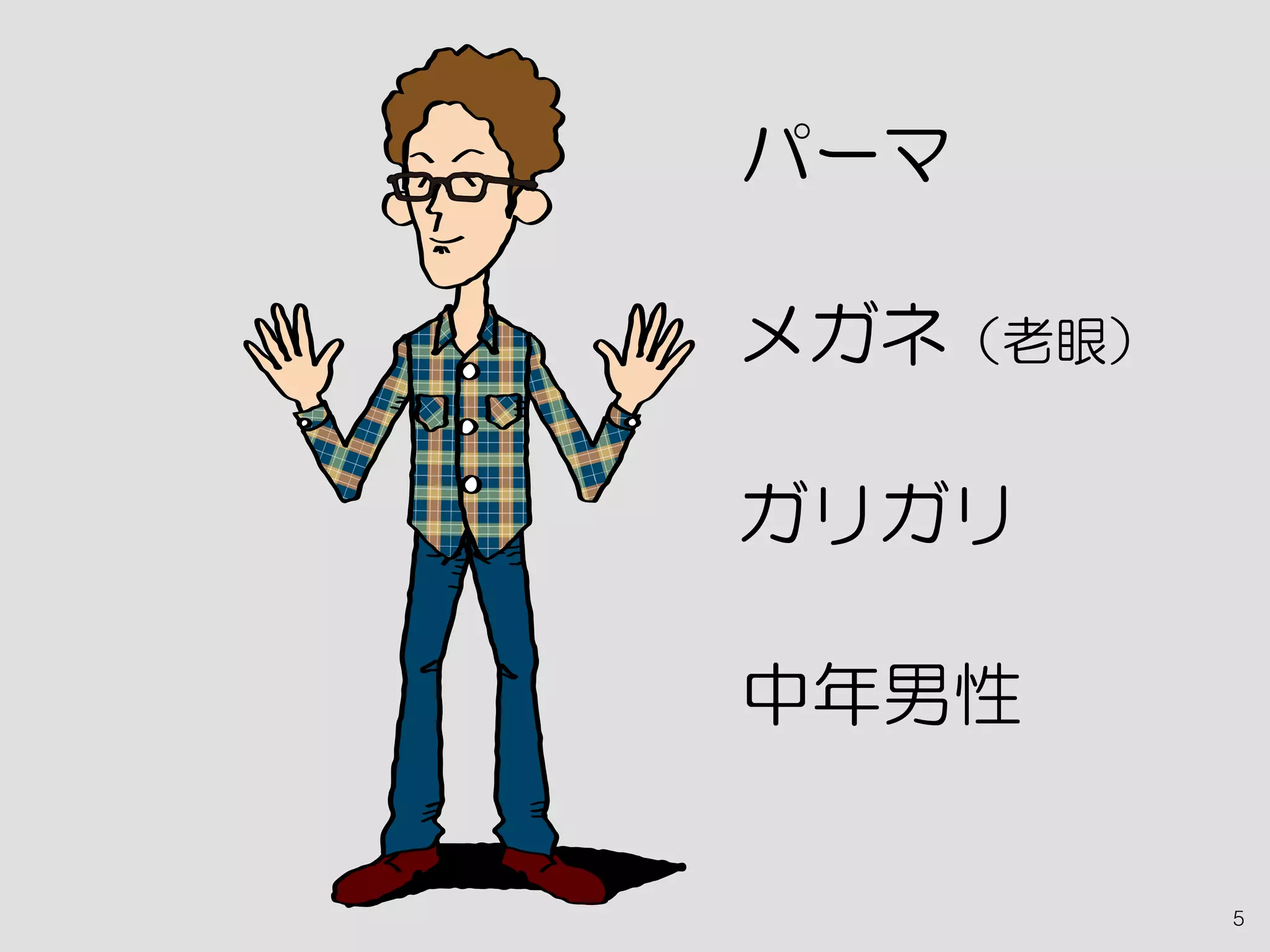 5
中年男性
パーマ
メガネ（老眼）
ガリガリ
 