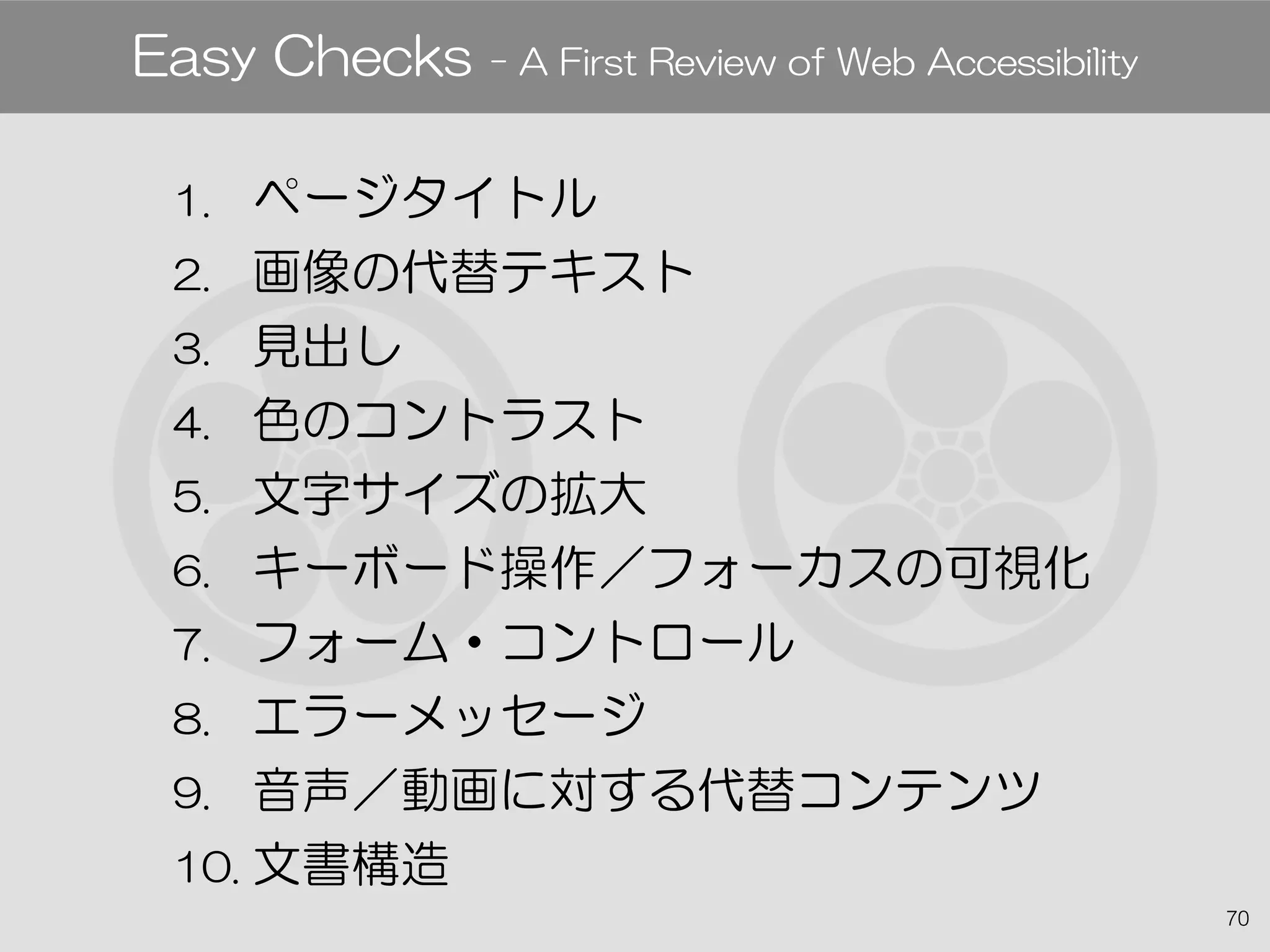 70
1. ページタイトル
2. 画像の代替テキスト
3. 見出し
4. 色のコントラスト
5. 文字サイズの拡大
6. キーボード操作／フォーカスの可視化
7. フォーム・コントロール
8. エラーメッセージ
9. 音声／動画に対する代替コンテンツ
10. 文書構造
Easy Checks - A First Review of Web Accessibility
 