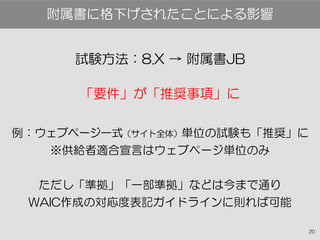 20
試験方法：8.X → 附属書JB
「要件」が「推奨事項」に
例：ウェブページ一式（サイト全体）単位の試験も「推奨」に
※供給者適合宣言はウェブページ単位のみ
ただし「準拠」「一部準拠」などは今まで通り
WAIC作成の対応度表記ガイドラインに則れば可能
附属書に格下げされたことによる影響
 