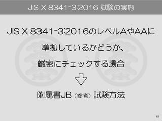 61
JIS X 8341-3:2016のレベルAやAAに
　準拠しているかどうか、
厳密にチェックする場合
附属書JB（参考）試験方法
JIS X 8341-3:2016 試験の実施
 