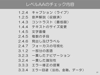 81
レベルAAのチェック内容
1.2.4　キャプション（ライブ）
1.2.5　音声解説（収録済）
1.4.3　コントラスト（最低限）
1.4.4　テキストのサイズ変更
1.4.5　文字画像
2.4.5　複数の手段
2.4.6　見出し及びラベル
2.4.7　フォーカスの可視化
3.1.2　一部分の言語
3.2.3　一貫したナビゲーション
3.2.4　一貫した識別性
3.3.3　エラー修正の提案
3.3.4　エラー回避（法的、金融、データ）
 