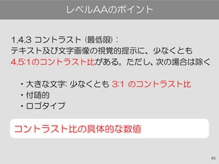 83
1.4.3 コントラスト (最低限) :
テキスト及び文字画像の視覚的提示に、少なくとも
4.5:1のコントラスト比がある。ただし、次の場合は除く
•大きな文字: 少なくとも 3:1 のコントラスト比
•付随的
•ロゴタイプ
コントラスト比の具体的な数値
レベルAAのポイント
 