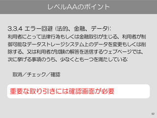 92
3.3.4 エラー回避 (法的、金融、データ):
利用者にとって法律行為もしくは金融取引が生じる、利用者が制
御可能なデータストレージシステム上のデータを変更もしくは削
除する、又は利用者が試験の解答を送信するウェブページでは、
次に挙げる事項のうち、少なくとも一つを満たしている:
　取消／チェック／確認
重要な取り引きには確認画面が必要
レベルAAのポイント
 
