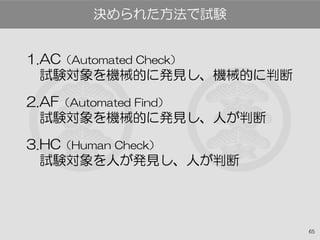 65
1.AC（Automated Check）
試験対象を機械的に発見し、機械的に判断
2.AF（Automated Find）
試験対象を機械的に発見し、人が判断
3.HC（Human Check）
試験対象を人が発見し、人が判断
決められ...