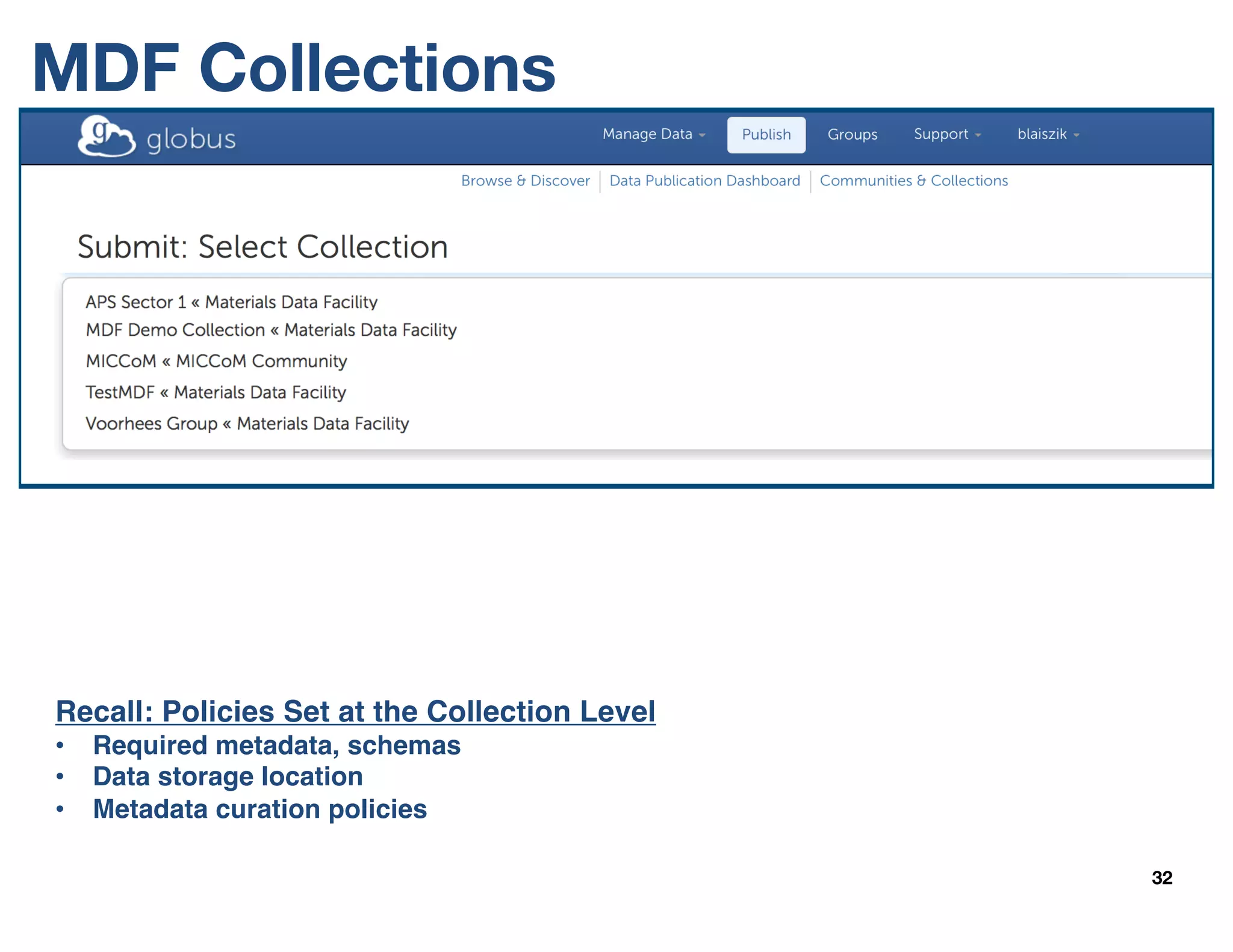 MDF Collections
32
Recall: Policies Set at the Collection Level
• Required metadata, schemas
• Data storage location
• Metadata curation policies
 