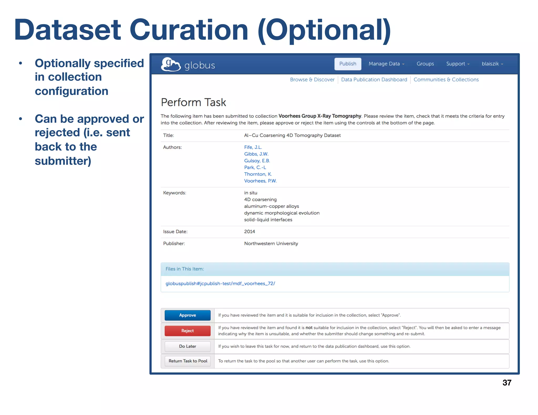 Dataset Curation (Optional)
37
• Optionally specified
in collection
configuration
• Can be approved or
rejected (i.e. sent
back to the
submitter)
 