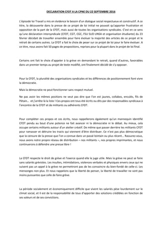 DECLARATION CFDT A LA CPNE DU 22 SEPTEMBRE 2016
L’épisode loi Travail a mis en évidence le besoin d’un dialogue social res...