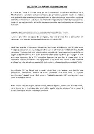 DECLARATION CFDT A LA CPNE DU 22 SEPTEMBRE 2016
A ce titre, M. Duseux, la CFDT ne pense pas que l’organisation à laquelle ...