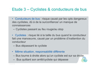 Intervenant - date
Etude 3 – Cyclistes & conducteurs de bus
•  Conducteurs de bus : risque causé par les cpts dangereux
des cyclistes, dû à de la surconfiance/ un manque de
connaissances
–  Cyclistes passant au feu rouge/au stop
•  Cyclistes : risque lié à la taille du bus quand le conducteur
fait une manoeuvre, causé par un problème d’inattention du
conducteur
–  Bus dépassant le cycliste
•  Même situation, responsabilité différente
–  Bus tourne à droite alors qu’un cycliste est sur sa droite
–  Bus quittant son arrêt/cycliste qui dépasse
 