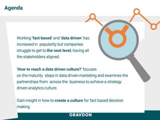 Agenda
Working ‘fact based’ and ‘data driven’ has
increased in popularity but companies
struggle to get to the next level, having all
the stakeholders aligned.
‘How to reach a data driven culture?’ focuses
on the maturity steps in data driven marketing and examines the
partnerships from across the business to achieve a strategy
driven analytics culture.
Gain insight in how to create a culture for fact based decision
making.
 