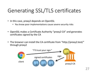 Generating SSL/TLS certificates
• In this case, proxy2 depends on OpenSSL
• You know poor implementations cause severe security risks
• OpenSSL makes a Certificate Authority “proxy2 CA” and generates
certificates signed by the CA
• The browser can install the CA certificate from “http://proxy2.test/”
through proxy2
27
proxy2 CA
signed certificates
sign
“I’ll trust your sign.”
client
 