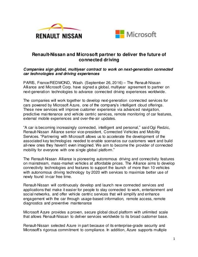 renault nissan and microsoft partner press release