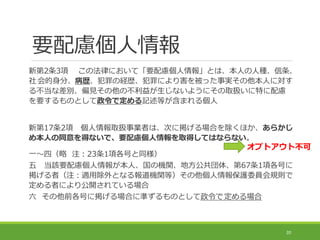 要配慮個人情報
新第2条3項 この法律において「要配慮個人情報」とは、本人の人種、信条、
社 会的身分、病歴、犯罪の経歴、犯罪により害を被った事実その他本人に対す
る不当な差別、偏見その他の不利益が生じないようにその取扱いに特に配慮
を要するものとして政令で定める記述等が含まれる個人
新第17条2項 個人情報取扱事業者は、次に掲げる場合を除くほか、あらかじ
め本人の同意を得ないで、要配慮個人情報を取得してはならない。
一～四（略 注：23条1項各号と同様）
五 当該要配慮個人情報が本人、国の機関、地方公共団体、第67条1項各号に
掲げる者（注：適用除外となる報道機関等）その他個人情報保護委員会規則で
定める者により公開されている場合
六 その他前各号に掲げる場合に準ずるものとして政令で定める場合
20
オプトアウト不可
 