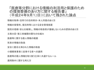 「医療等分野における情報の利活用と保護のため
の環境整備のあり方に関する報告書」
（平成２４年９月１2日）において残された論点
情報の取得・活用での目的明示・本人同意のあり方
情報の保管時、委託時等における安全管理措置
国民の信頼・安心を確保し、情報の取扱者が萎縮しないための罰則のあり方
主務大臣・第三者機関の関与の仕組み
医療等に関する個人情報の範囲
死者の情報の取扱
安全に匿名化等された情報の取扱
小規模事業者に従事する者への適用
医療等の個人情報を取り扱う主体に共通するルール
適用除外に関する考え方
32
 
