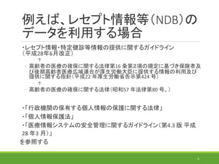 例えば、レセプト情報等（NDB）の
データを利用する場合
・レセプト情報・特定健診等情報の提供に関するガイドライン
（平成28年6月改正）
◦ ↑
◦ 高齢者の医療の確保に関する法律第16 条第２項の規定に基づき保険者及
び後期高齢者医療広域連合が厚生労働大臣に提供する情報の利用及び
提供に関する指針（平成22 年厚生労働省告示第424 号）
◦ ↑
◦ 高齢者の医療の確保に関する法律（昭和57 年法律第80 号。）
・「行政機関の保有する個人情報の保護に関する法律」
・「個人情報保護法」
・「医療情報システムの安全管理に関するガイドライン（第4.3 版 平成
28 年3 月）」
を参照する
5
 