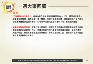 警語：本文提及之經濟走勢預測不必然代表基金之績效，基金投資風險請參閱基金公開說明書
Copyright © 2015 Ezfunds Securities Investment Consulting Enterprise Ltd.
14
一週大事回顧
歐洲－
ECB喊話維持市場信心：繼FED與日銀無意改變寬鬆環境後，ECB上周五喊話表示，
理事會保持警覺，如有必要，會「隨時」採取行動實現目標。目前歐洲央行在「第二
輪促進實體經濟信貸計畫】，以零利率向歐元區銀行提供了453億歐元的資金。
英國就脫歐進行準備：英國外交大臣表示，英國政府目前傾向於明年前半年正式啟動
退出歐盟的正式談判。同日，英國央行表示將持續提供無息資本緩衝，至少持續到
2017年6月，維持英國金融直至前景穩定。彭博引述知情人士，國際投行已就英國失
去歐元清算權制定計畫。
 
