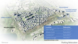GALINDO GARAGE
& SURFACE LOTS
FELIX GARAGE
GALINDO
LOT F
ARBALLO CIRCLE
HIGUERA GARAGE
Parking Relocation
Felix Garage Early 2017
Arballo Circle Early 2017
Galindo Lot F Early 2017
Galindo Garage Mid 2017
Earliest Dates and Subject to Delay
Location Relocation
 