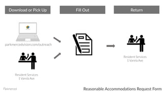 Reasonable Accommodations Request Form
parkmercedvision.com/outreach
Download or Pick Up
Resident Services
1 Varela Ave
Resident Services
1 Varela Ave
Fill Out Return
 