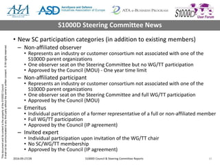 ThisdocumentanditscontentisthepropertyoftheS1000DCouncil.
Itshallnotbecommunicatedtoanythirdpartywithouttheowner’swrittenconsent.©Allrightsreserved.
• New SC participation categories (in addition to existing members)
– Non-affiliated observer
• Represents an industry or customer consortium not associated with one of the
S1000D parent organizations
• One observer seat on the Steering Committee but no WG/TT participation
• Approved by the Council (MOU) - One year time limit
– Non-affiliated participant
• Represents an industry or customer consortium not associated with one of the
S1000D parent organizations
• One observer seat on the Steering Committee and full WG/TT participation
• Approved by the Council (MOU)
– Emeritus
• Individual participation of a former representative of a full or non-affiliated member
• Full WG/TT participation
• Approved by the Council (IP agreement)
– Invited expert
• Individual participation upon invitation of the WG/TT chair
• No SC/WG/TT membership
• Approved by the Council (IP agreement)
2016-09-27/28 S1000D Council & Steering Committee Reports 10
S1000D Steering Committee News
 